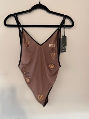 Chaser Brand Vintage Graphic Patch Bodysuit Swimsuit Taupe Brown V-Neck NWT M